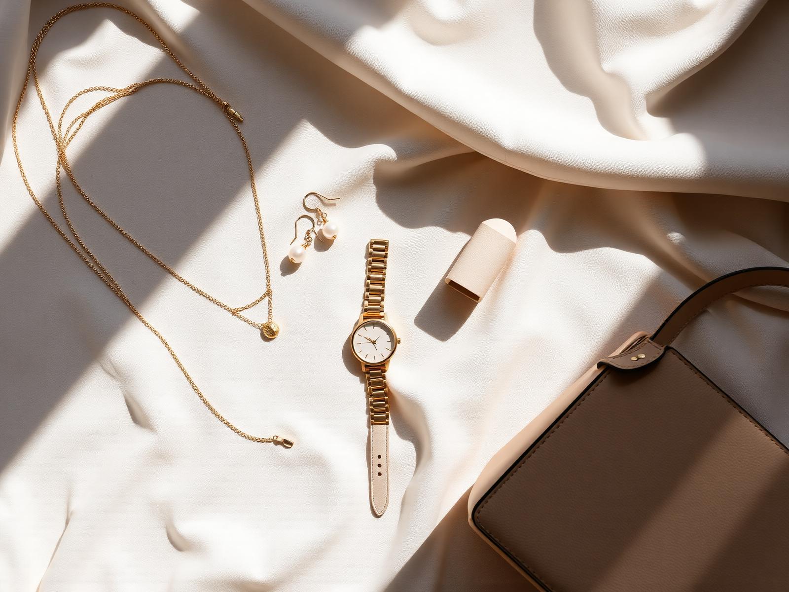 Omkar Accessories flat lay of jewelry, watch and handbag